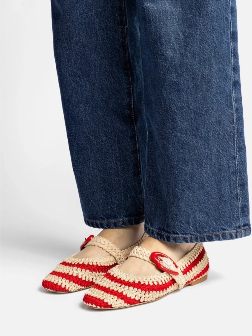 Larroude Red and Cream Crochet Mary Jane Flats - Picture 4 of 5